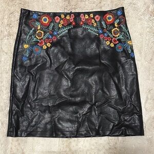 Embroidered Black Leather Skirt